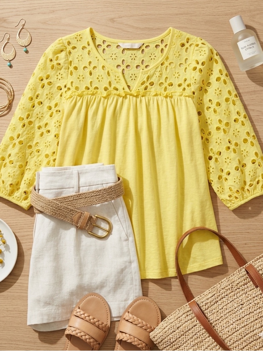 Oliver ECI Yellow Eyelet Lace Peasant Blouse M Dopamine Dressing Boho Dollcore